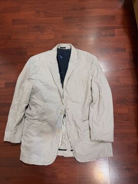 J. Crew White & Navy Seersucker Striped Blazer
